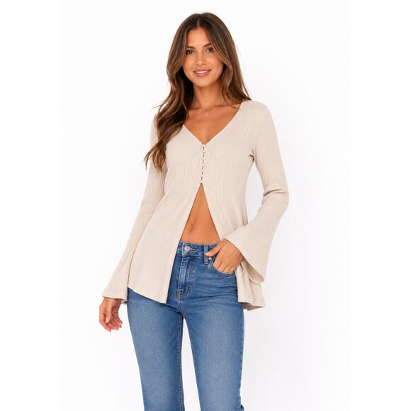 La Semaine Paris Tops - La Semaine Paris Size Small Beige Pearl Ribbed Shirt